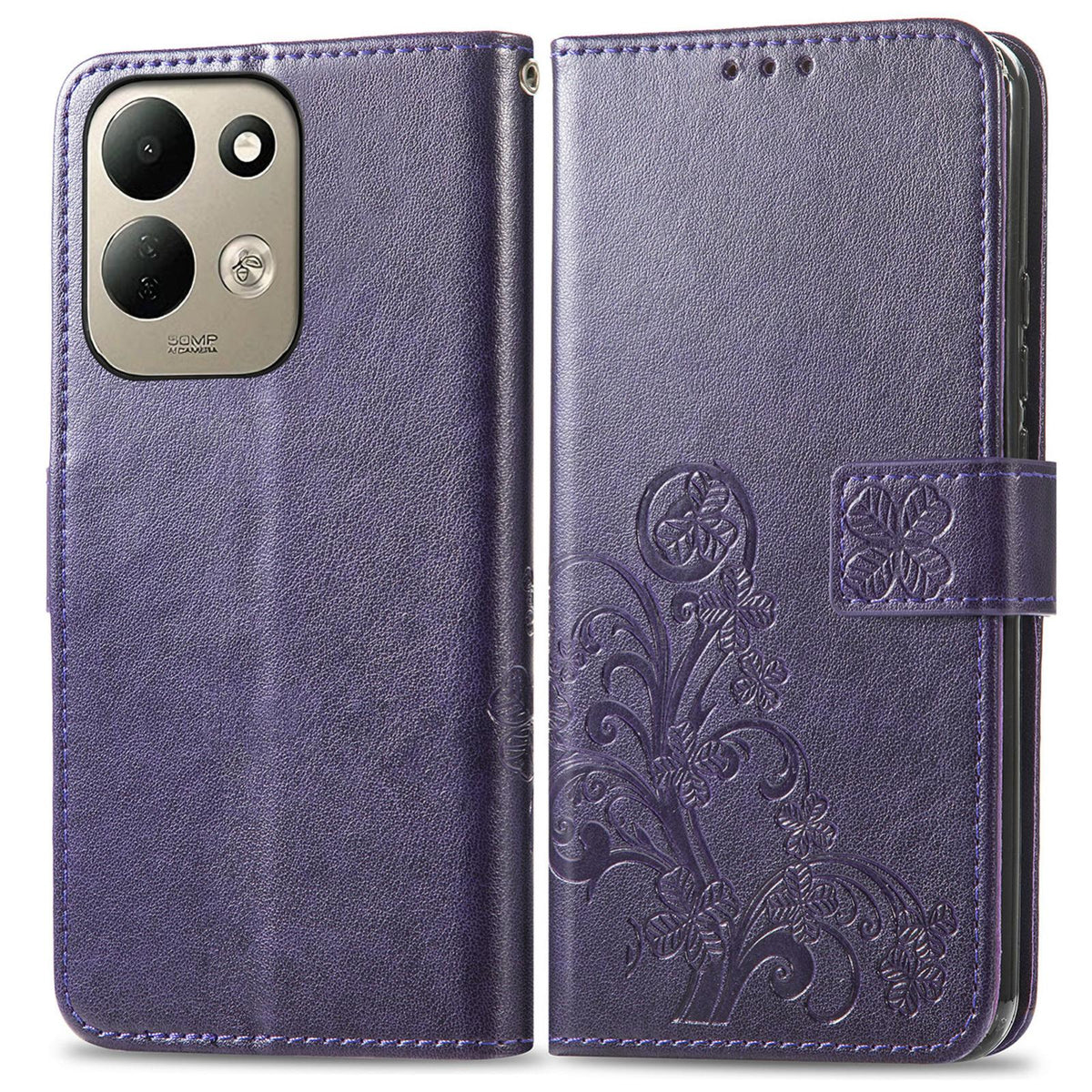 For Xiaomi Poco C95 Pro Four-leaf Clasp Embossed Buckle Leather Phone Case - Purple - SYA002304702D