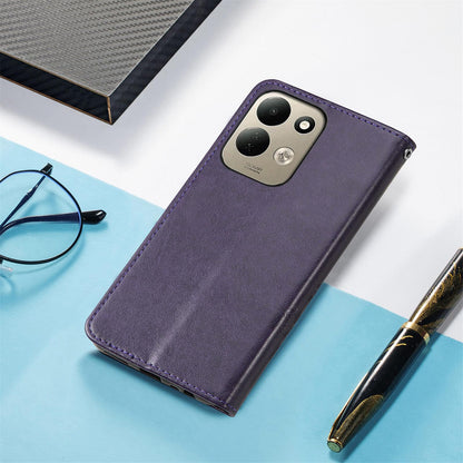For Xiaomi Poco C95 Pro Four-leaf Clasp Embossed Buckle Leather Phone Case - Purple - SYA002304702D