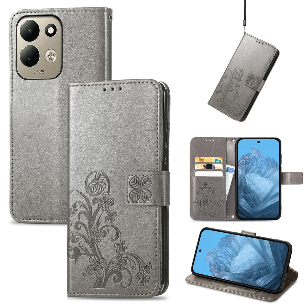 For Xiaomi Poco C95 Pro Four-leaf Clasp Embossed Buckle Leather Phone Case - Gray - SYA002304702E