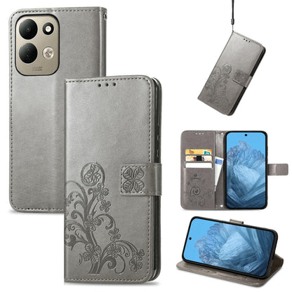 For Xiaomi Poco C95 Pro Four-leaf Clasp Embossed Buckle Leather Phone Case - Gray - SYA002304702E