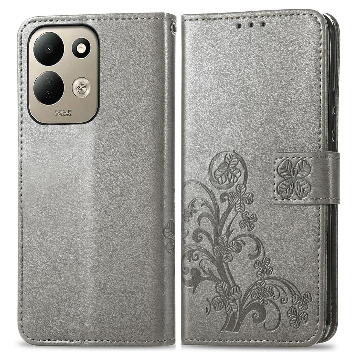 For Xiaomi Poco C95 Pro Four-leaf Clasp Embossed Buckle Leather Phone Case - Gray - SYA002304702E