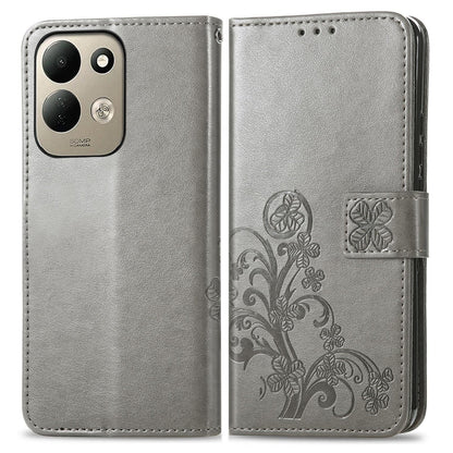 For Xiaomi Poco C95 Pro Four-leaf Clasp Embossed Buckle Leather Phone Case - Gray - SYA002304702E