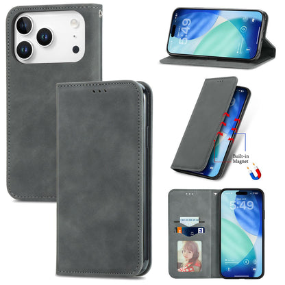 For iPhone 18 Pro Retro Skin Feel Magnetic Leather Phone Case - Gray - SYA002322614F