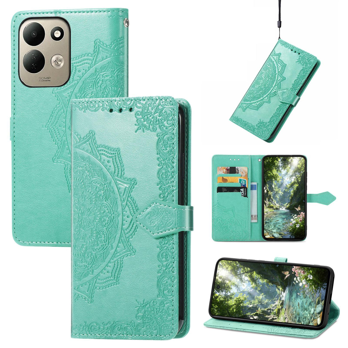 For Xiaomi Poco C95 Pro Mandala Flower Embossed Leather Phone Case - Green - SYA002382418A