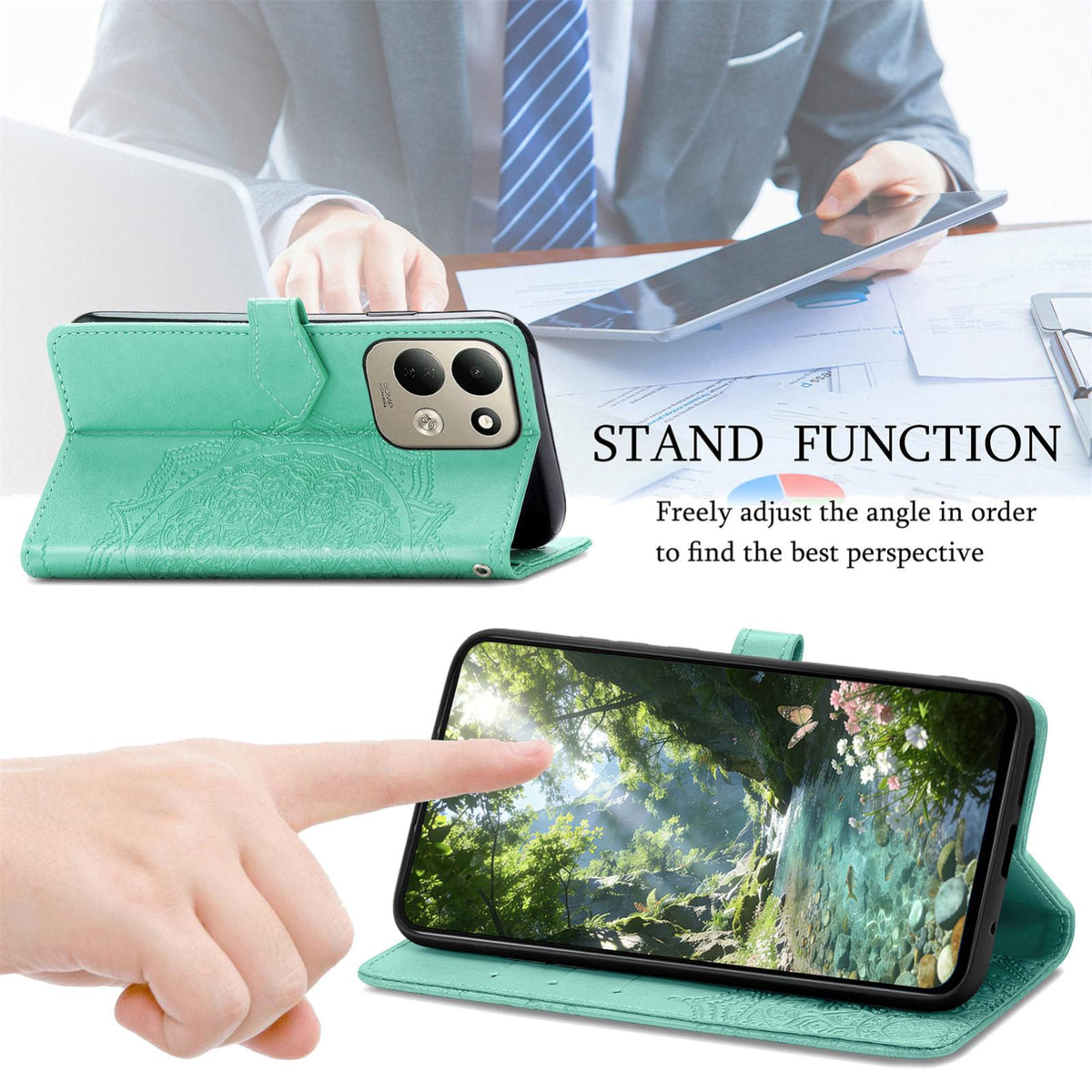 For Xiaomi Poco C95 Pro Mandala Flower Embossed Leather Phone Case - Green - SYA002382418A