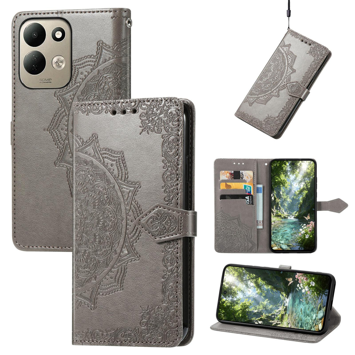 For Xiaomi Poco C95 Pro Mandala Flower Embossed Leather Phone Case - Grey - SYA002382418C