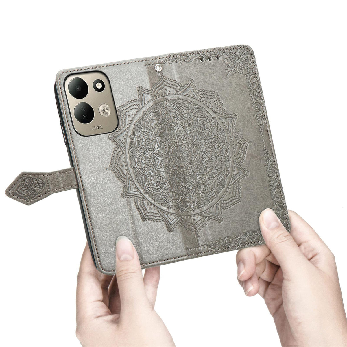 For Xiaomi Poco C95 Pro Mandala Flower Embossed Leather Phone Case - Grey - SYA002382418C