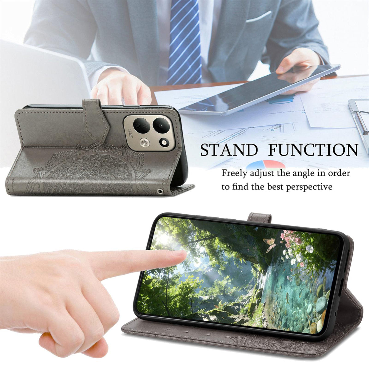 For Xiaomi Poco C95 Pro Mandala Flower Embossed Leather Phone Case - Grey - SYA002382418C