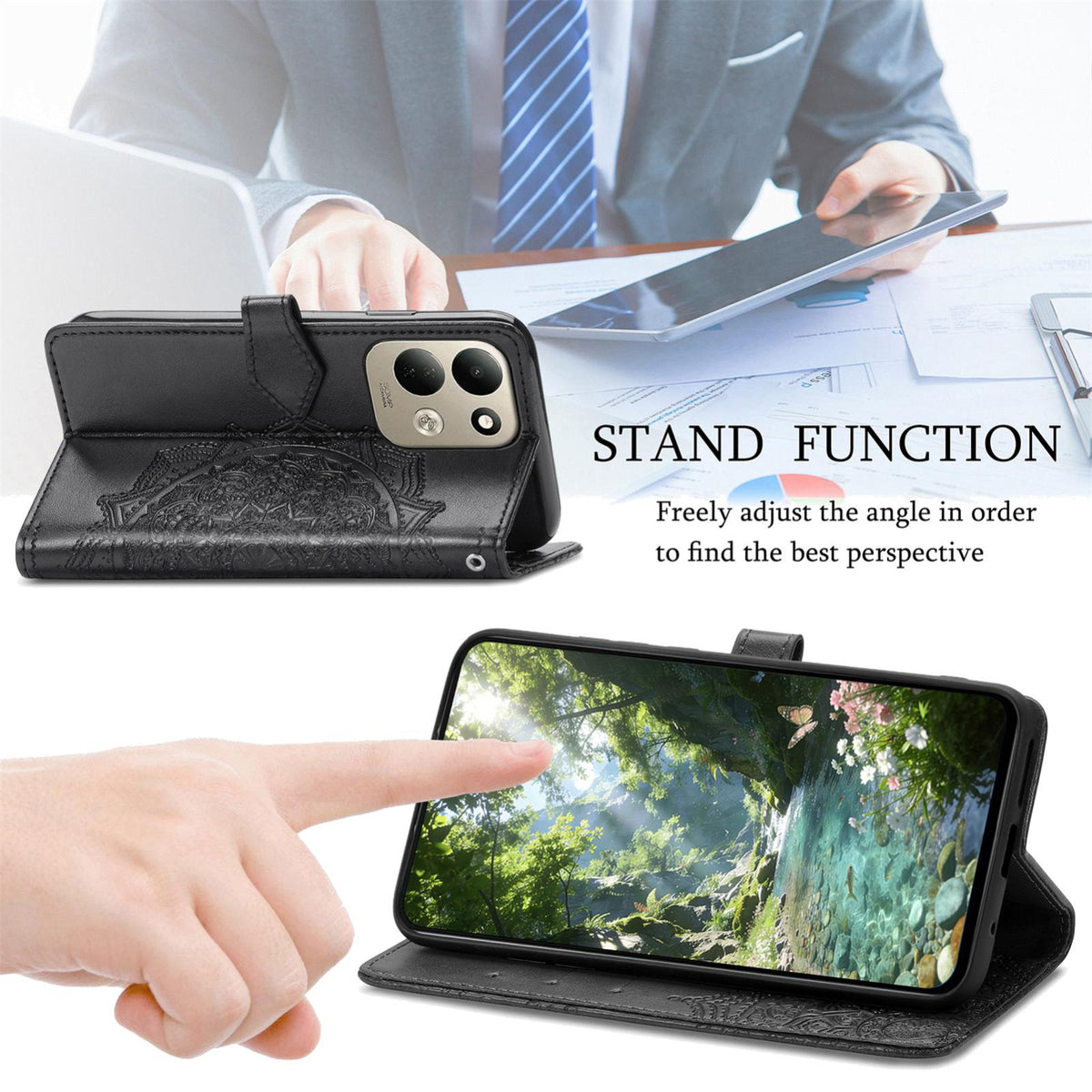 For Xiaomi Poco C95 Pro Mandala Flower Embossed Leather Phone Case - Black - SYA002382418F