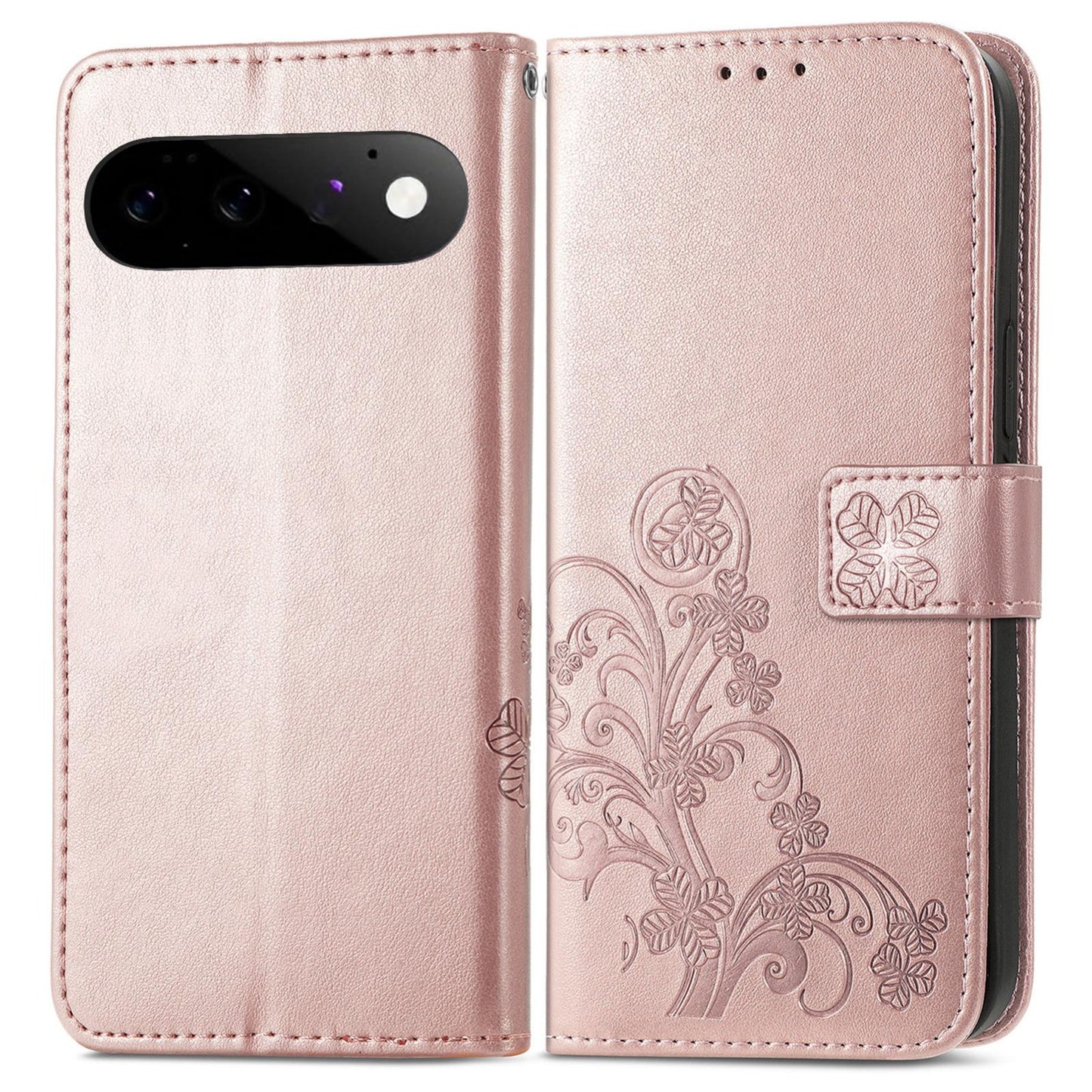 For Google Pixel 11 Pro XL Four-leaf Clasp Embossed Buckle Leather Phone Case(Rose Gold)