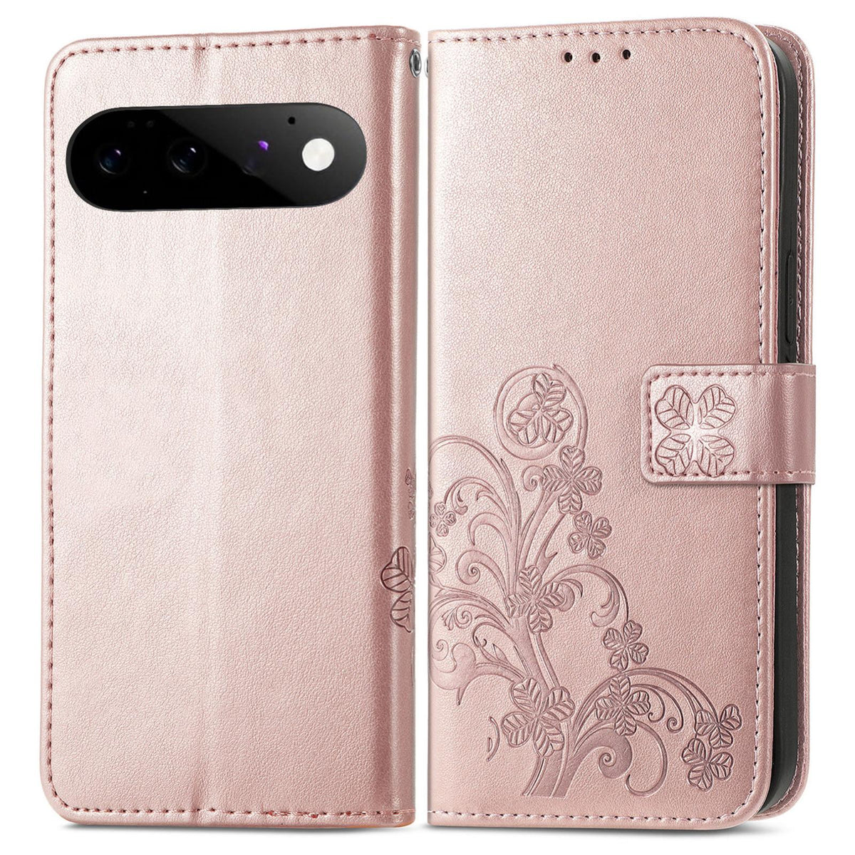 For Google Pixel 11 Pro XL Four-leaf Clasp Embossed Buckle Leather Phone Case - Rose Gold - SYA002419906A