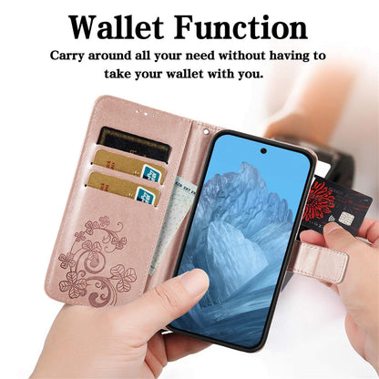 For Google Pixel 11 Pro XL Four-leaf Clasp Embossed Buckle Leather Phone Case(Rose Gold)