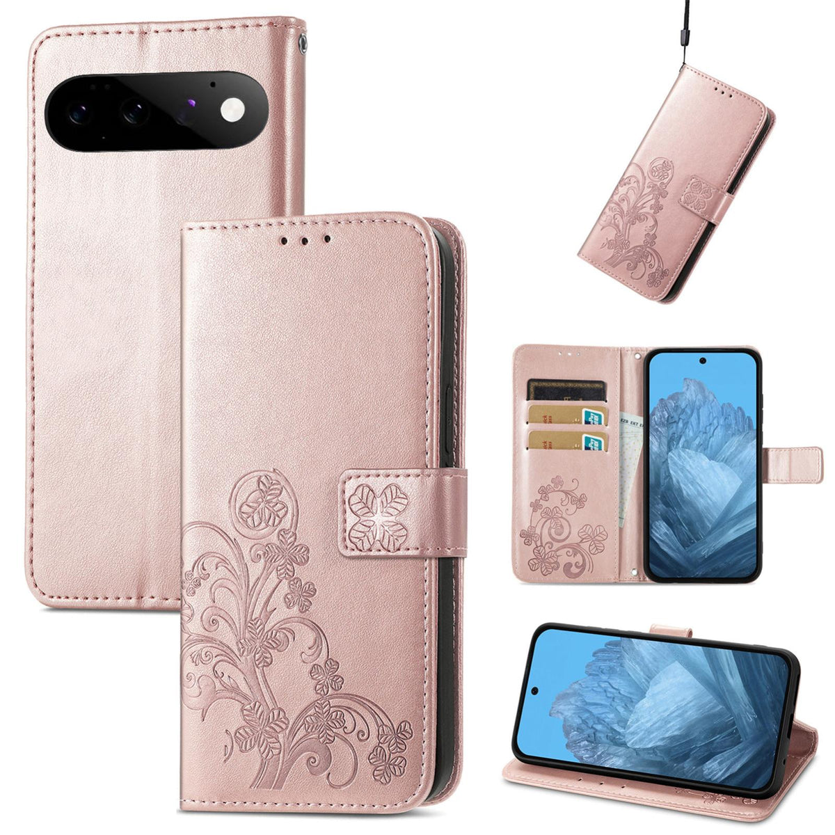 For Google Pixel 11 Pro XL Four-leaf Clasp Embossed Buckle Leather Phone Case - Rose Gold - SYA002419906A