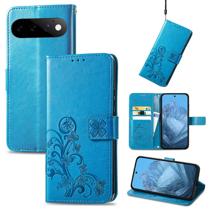 For Google Pixel 11 Pro XL Four-leaf Clasp Embossed Buckle Leather Phone Case(Blue)