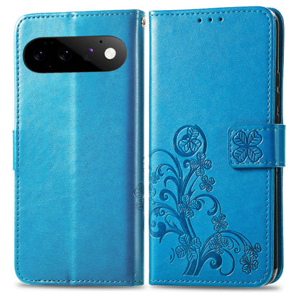 For Google Pixel 11 Pro XL Four-leaf Clasp Embossed Buckle Leather Phone Case(Blue)