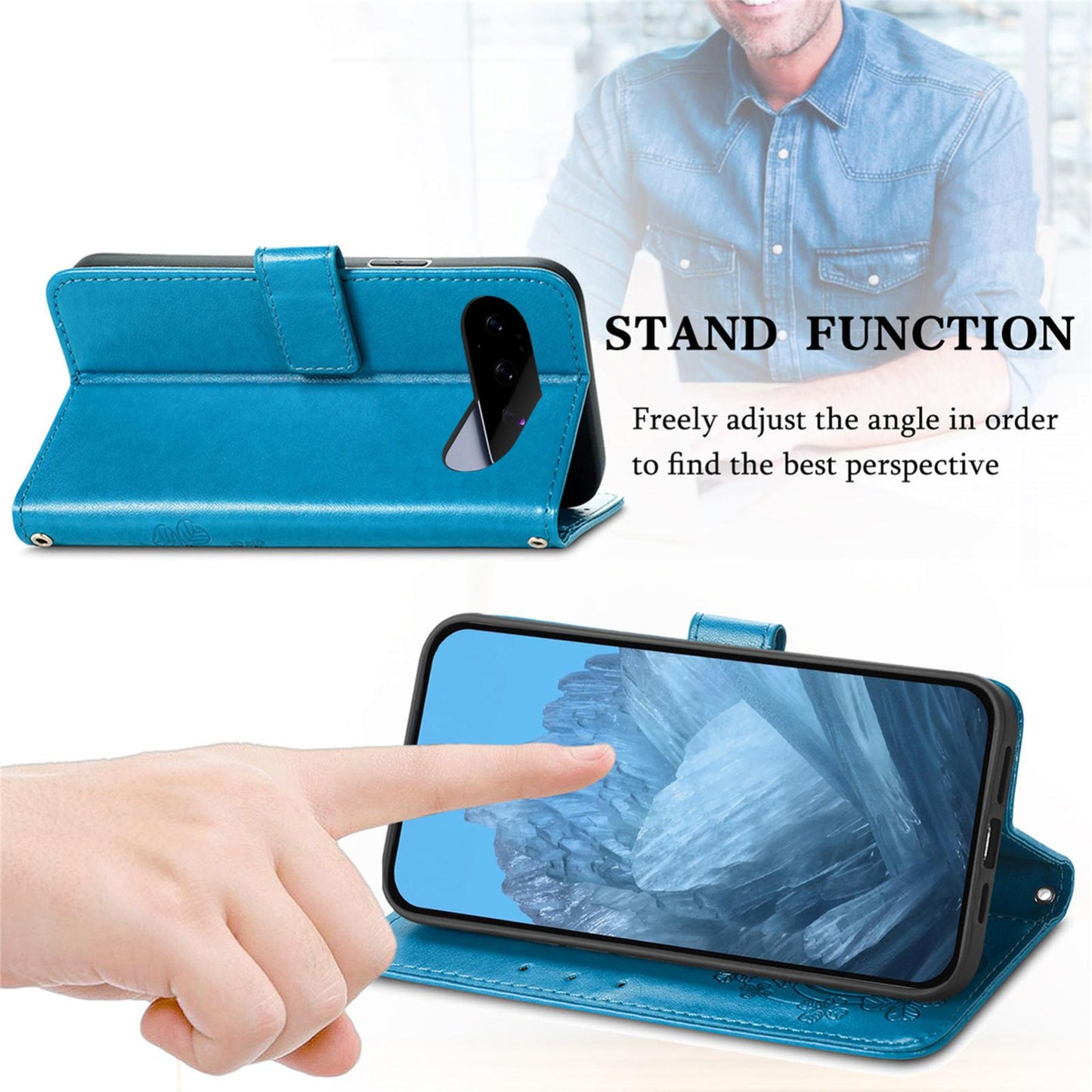 For Google Pixel 11 Pro XL Four-leaf Clasp Embossed Buckle Leather Phone Case(Blue)