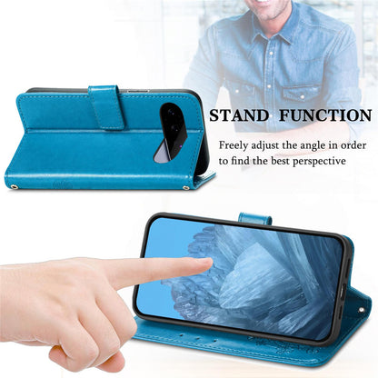 For Google Pixel 11 Pro XL Four-leaf Clasp Embossed Buckle Leather Phone Case(Blue)