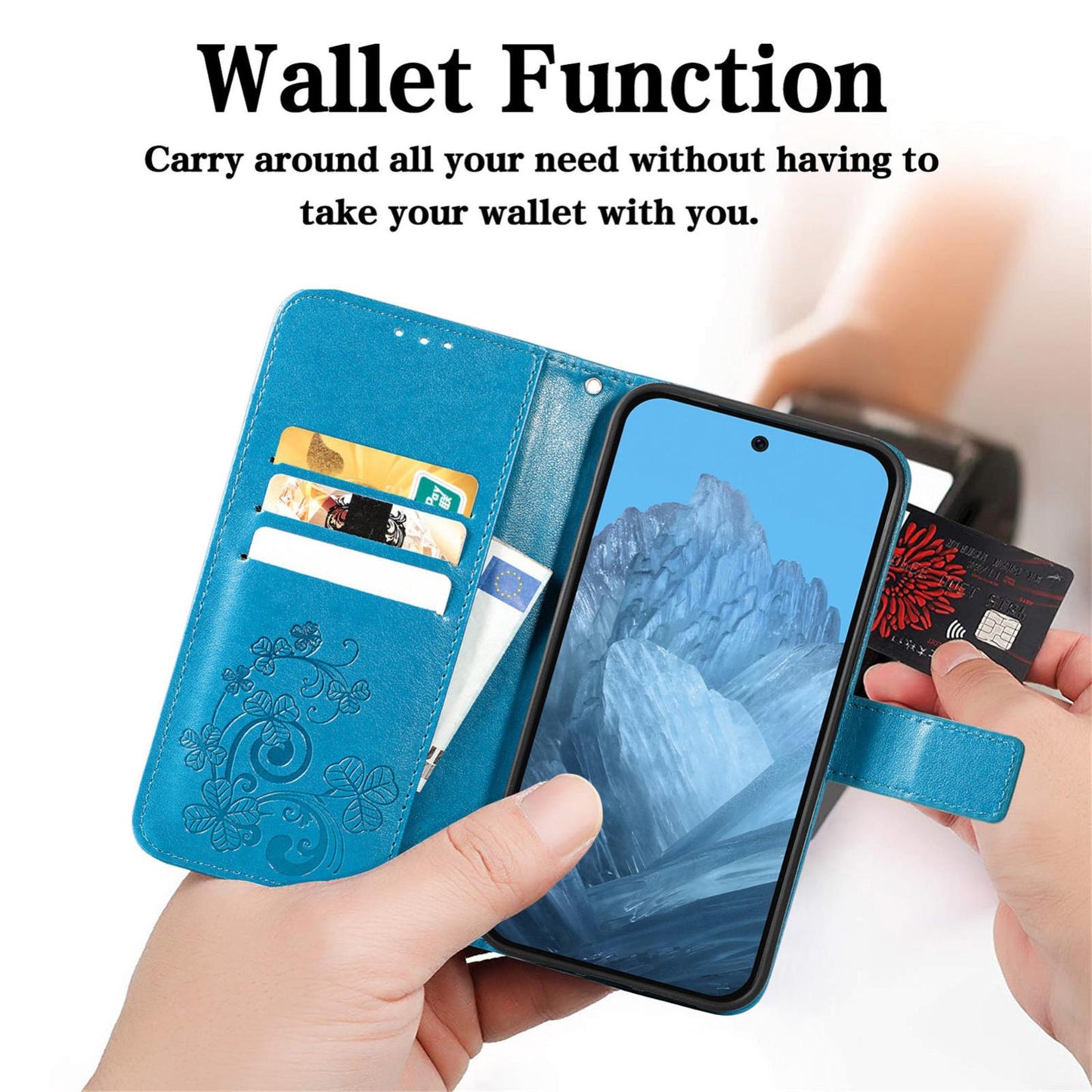 For Google Pixel 11 Pro XL Four-leaf Clasp Embossed Buckle Leather Phone Case(Blue)