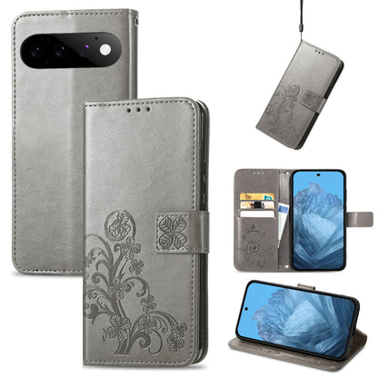 For Google Pixel 11 Pro XL Four-leaf Clasp Embossed Buckle Leather Phone Case(Grey)