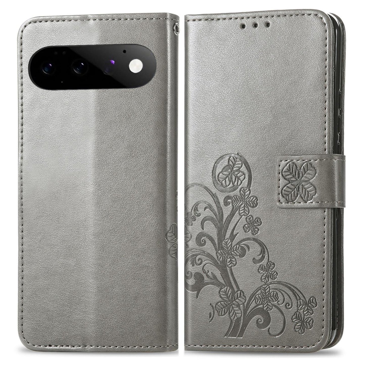 For Google Pixel 11 Pro XL Four-leaf Clasp Embossed Buckle Leather Phone Case(Grey)