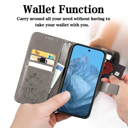 For Google Pixel 11 Pro XL Four-leaf Clasp Embossed Buckle Leather Phone Case(Grey)
