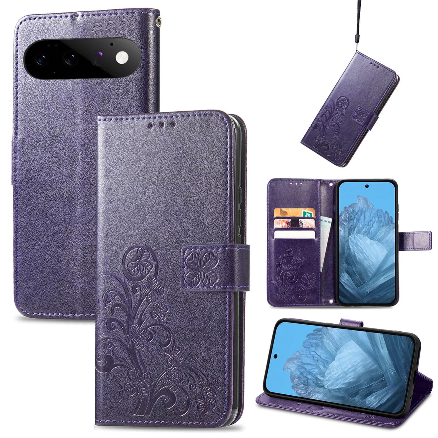 For Google Pixel 11 Pro XL Four-leaf Clasp Embossed Buckle Leather Phone Case(Purple)