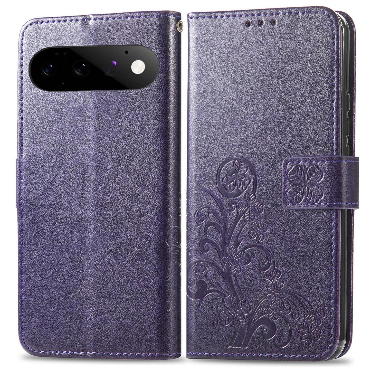 For Google Pixel 11 Pro XL Four-leaf Clasp Embossed Buckle Leather Phone Case(Purple)