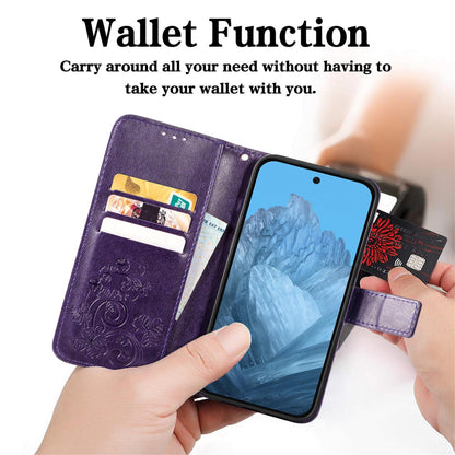 For Google Pixel 11 Pro XL Four-leaf Clasp Embossed Buckle Leather Phone Case(Purple)