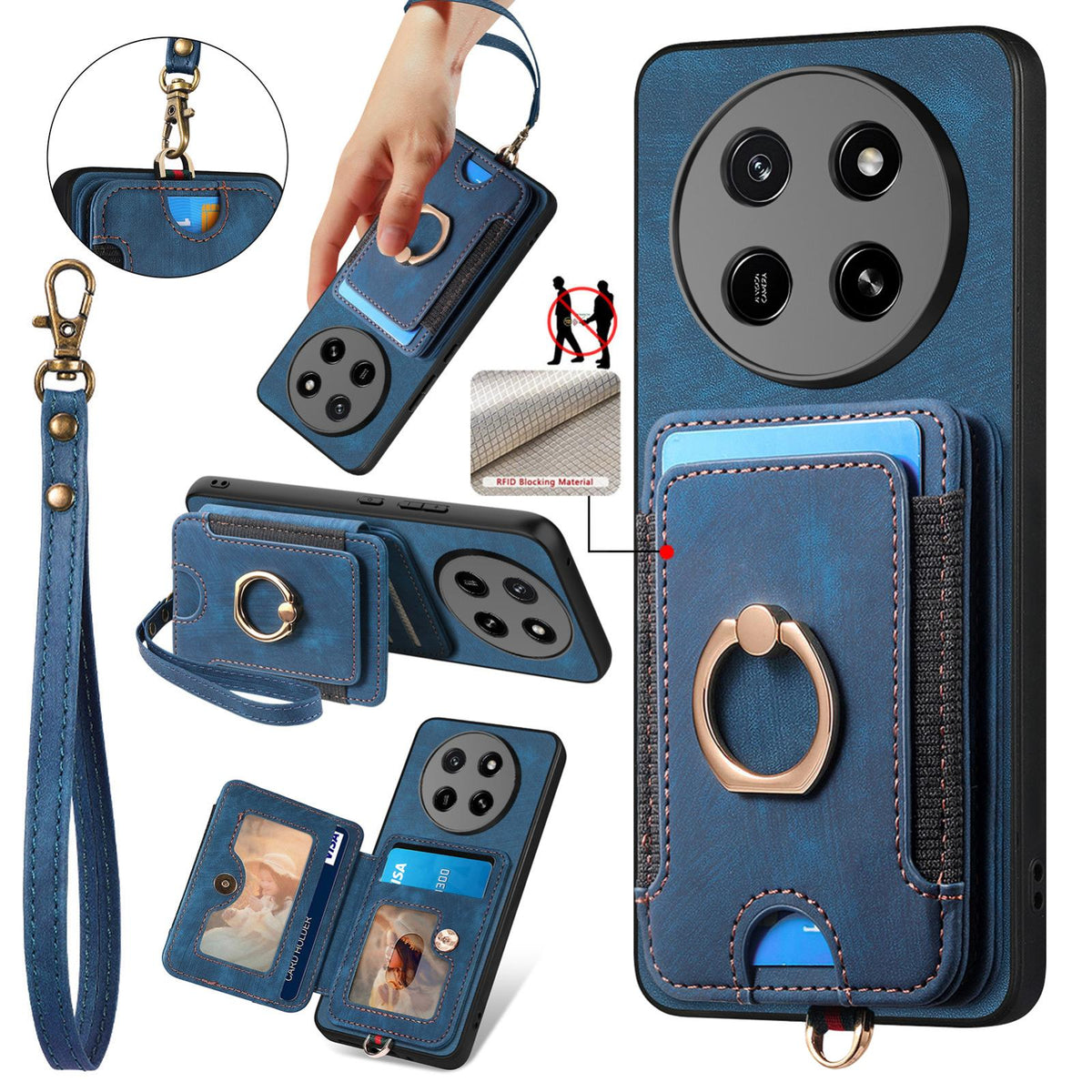 For Honor X80 Pro Max 5G Retro Skin-feel Ring Multi-card RFID Wallet Phone Case - Blue - SYA002460006C