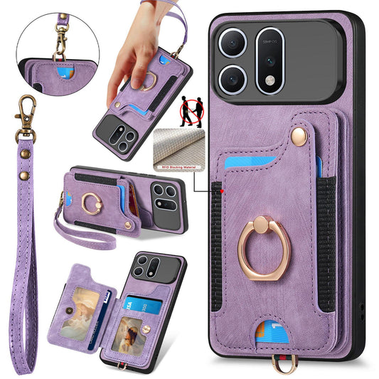 For Honor Win Turbo 5G Retro Skin-feel Ring Multi-card RFID Wallet Phone Case - Purple - SYA002460007E