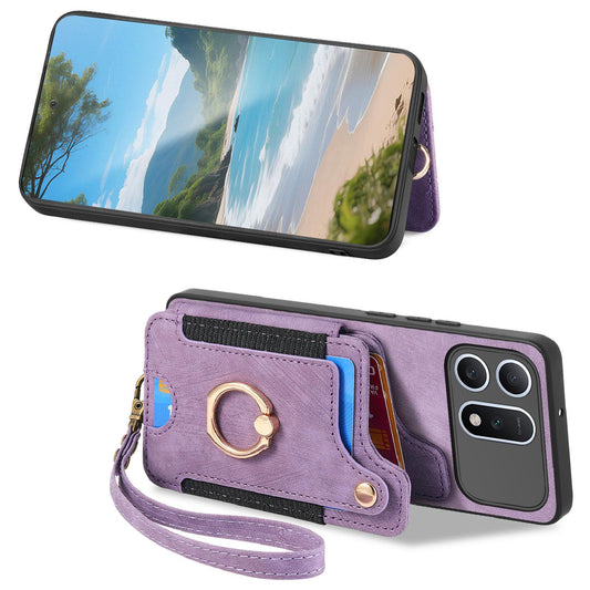 For Honor Win Turbo 5G Retro Skin-feel Ring Multi-card RFID Wallet Phone Case - Purple - SYA002460007E