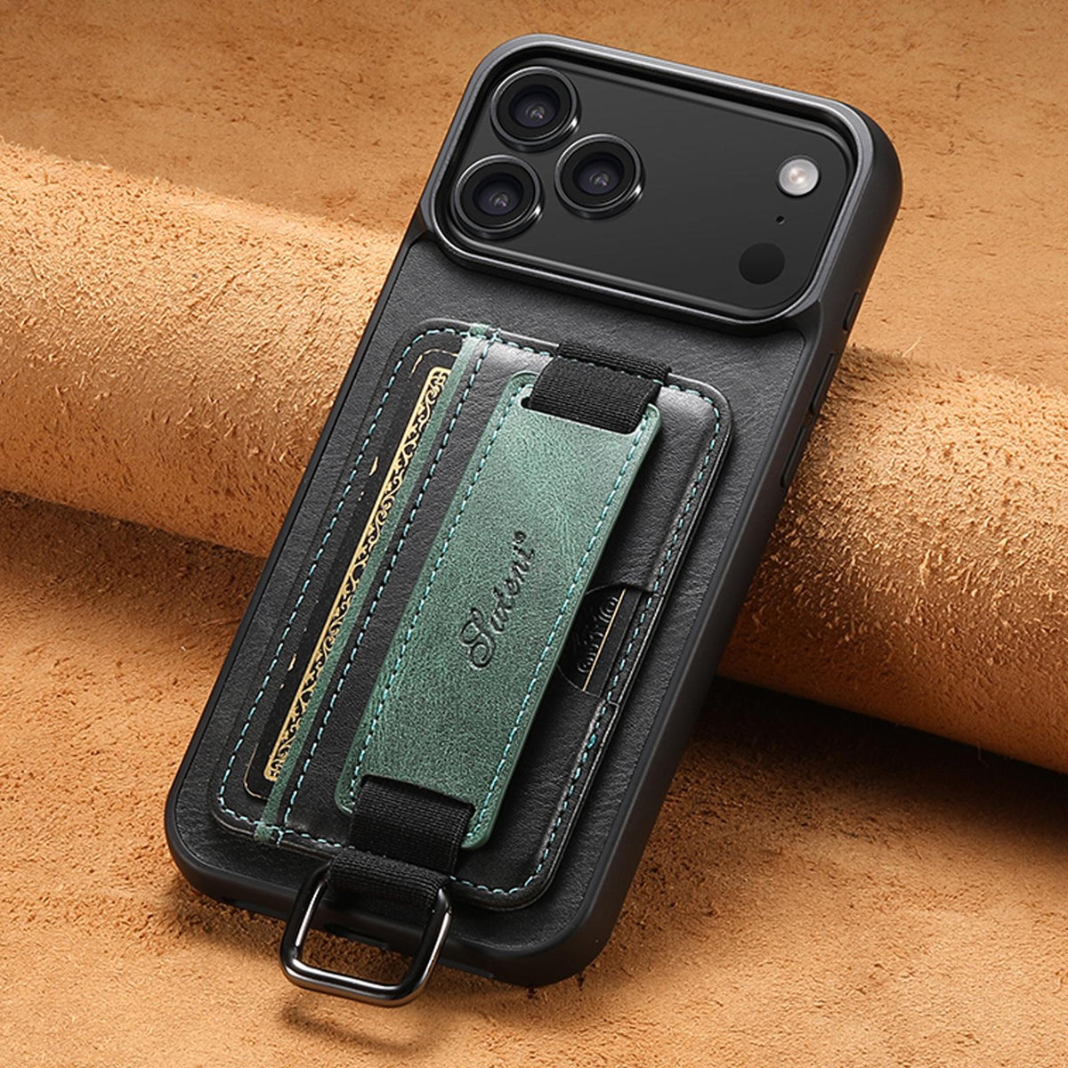 For iPhone 18 Pro Max Suteni H13 Card Wallet Wrist Strap Holder PU Phone Case - Black - SYA002464414A