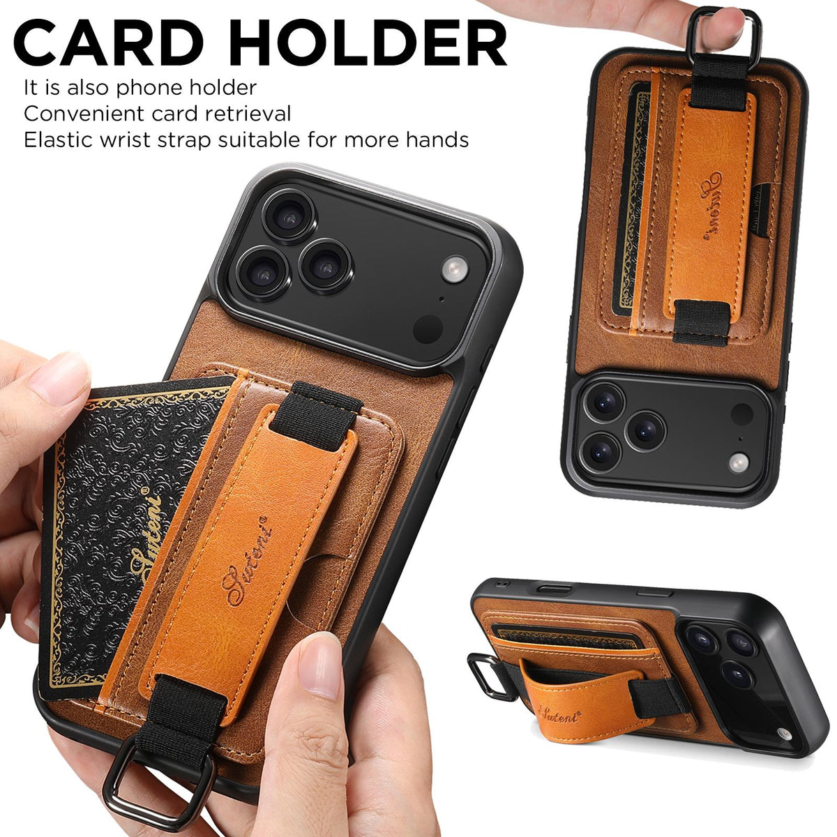 For iPhone 18 Pro Max Suteni H13 Card Wallet Wrist Strap Holder PU Phone Case - Brown - SYA002464414B