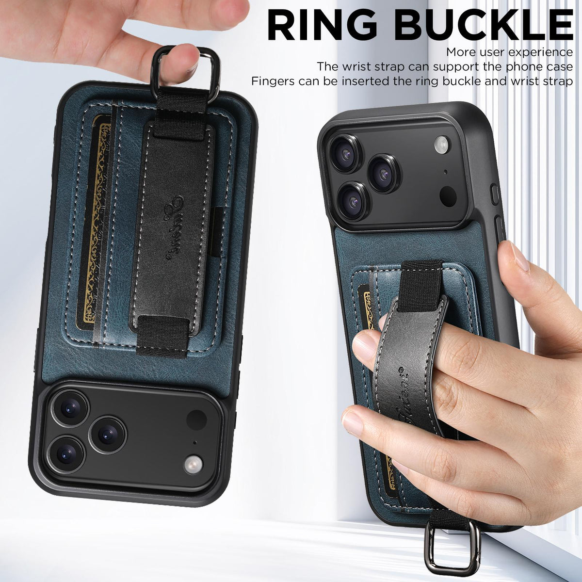For iPhone 18 Pro Max Suteni H13 Card Wallet Wrist Strap Holder PU Phone Case - Blue - SYA002464414C
