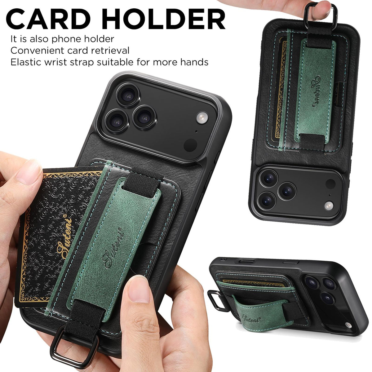 For iPhone 18 Pro Suteni H13 Card Wallet Wrist Strap Holder PU Phone Case - Black - SYA002464415A