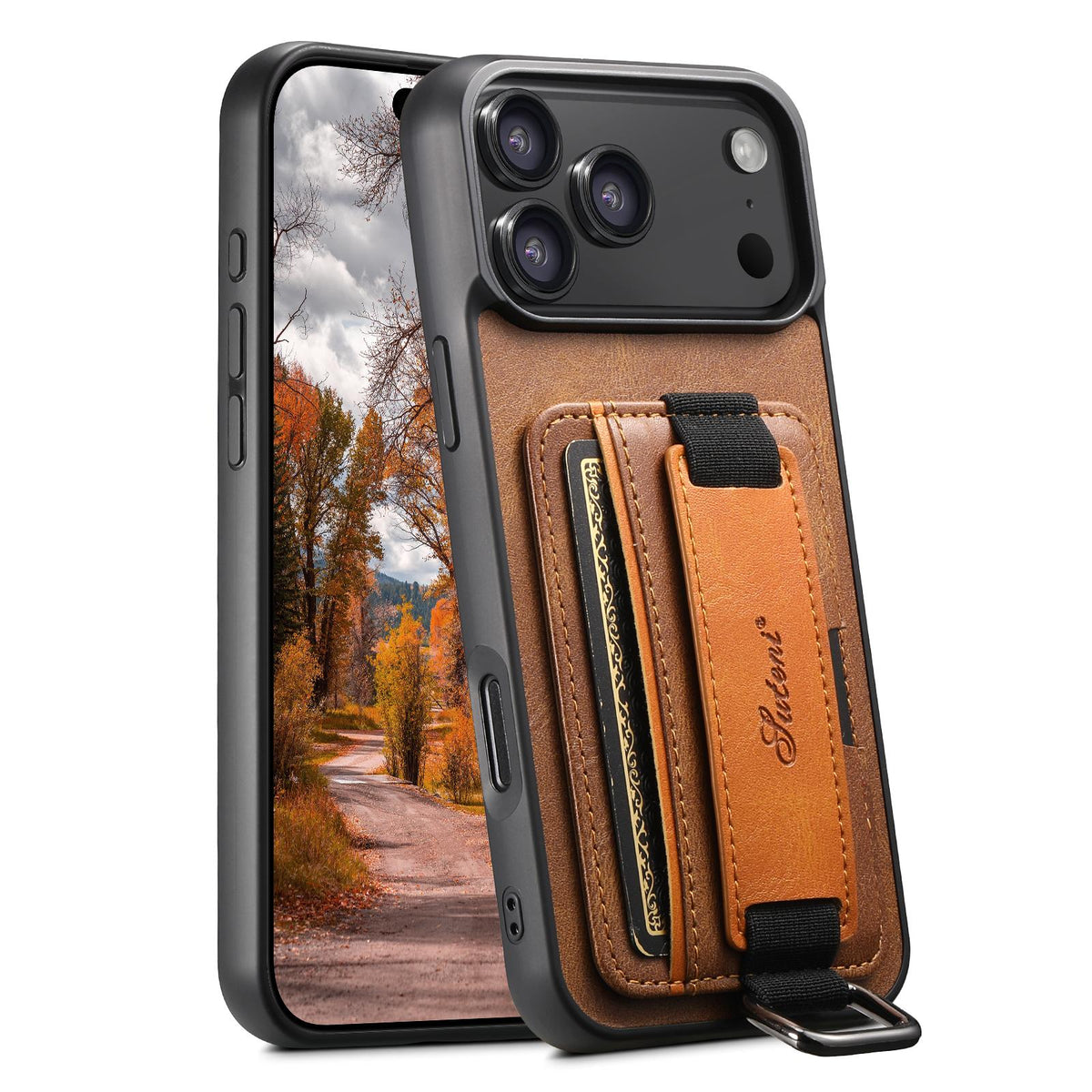 For iPhone 18 Pro Suteni H13 Card Wallet Wrist Strap Holder PU Phone Case - Brown - SYA002464415B