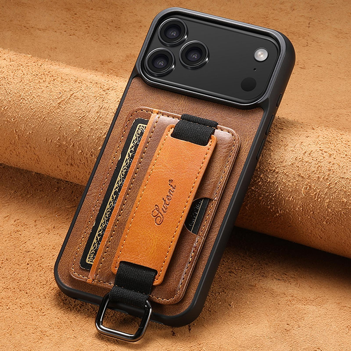 For iPhone 18 Pro Suteni H13 Card Wallet Wrist Strap Holder PU Phone Case - Brown - SYA002464415B