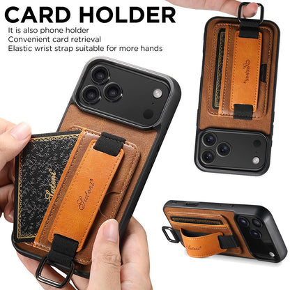 For iPhone 18 Pro Suteni H13 Card Wallet Wrist Strap Holder PU Phone Case - Brown - SYA002464415B