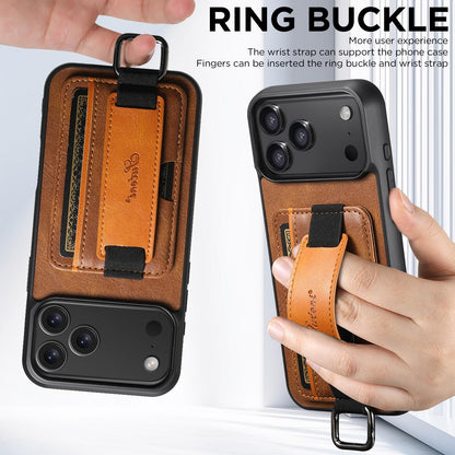For iPhone 18 Pro Suteni H13 Card Wallet Wrist Strap Holder PU Phone Case - Brown - SYA002464415B