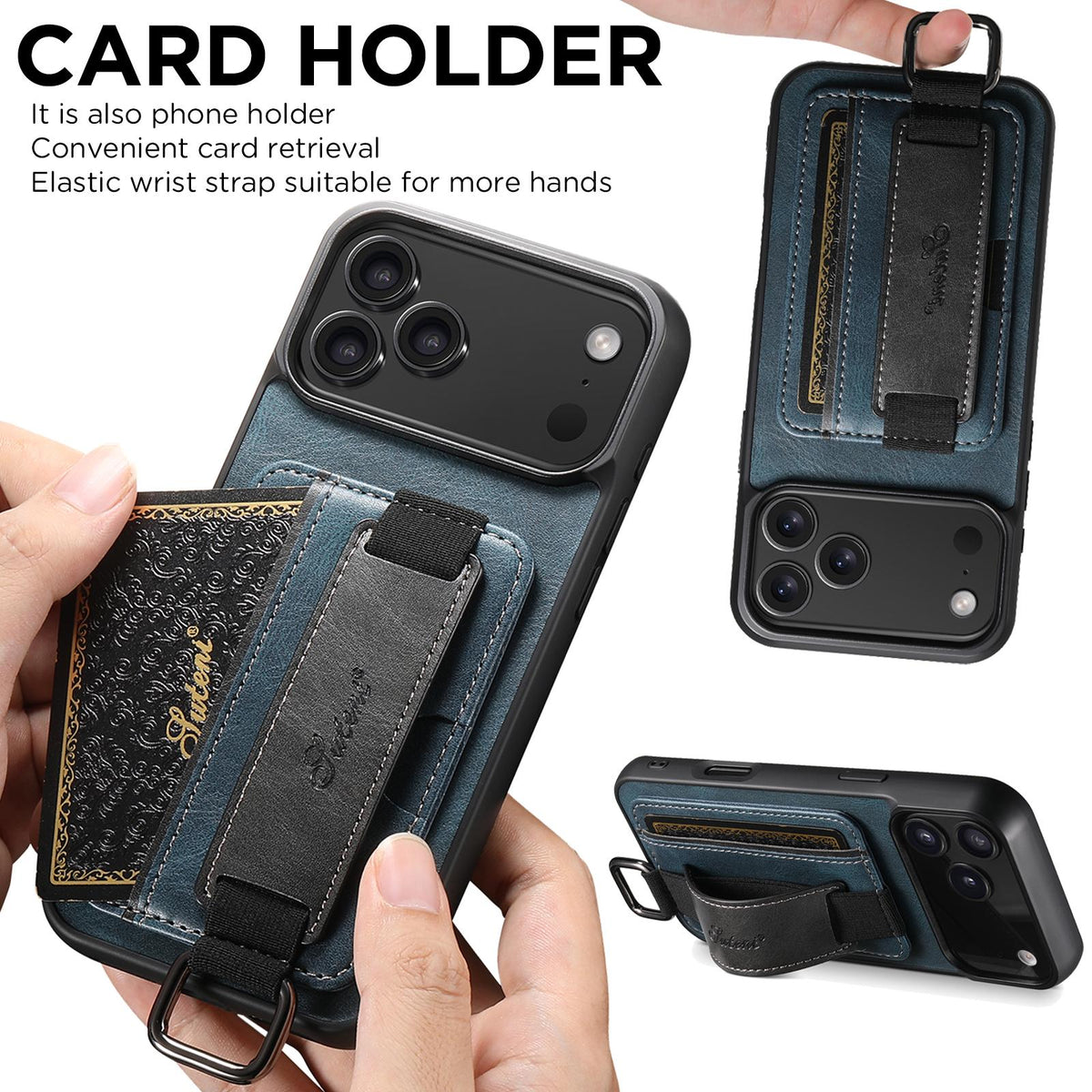 For iPhone 18 Pro Suteni H13 Card Wallet Wrist Strap Holder PU Phone Case - Blue - SYA002464415C