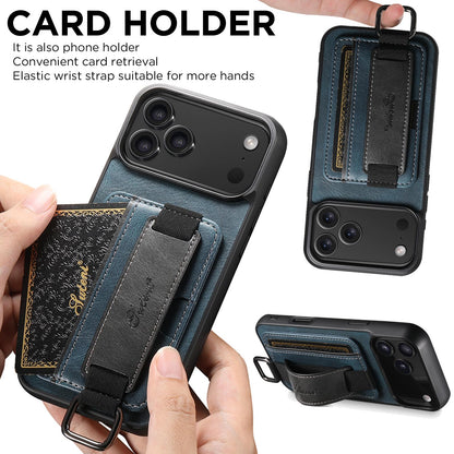 For iPhone 18 Pro Suteni H13 Card Wallet Wrist Strap Holder PU Phone Case - Blue - SYA002464415C