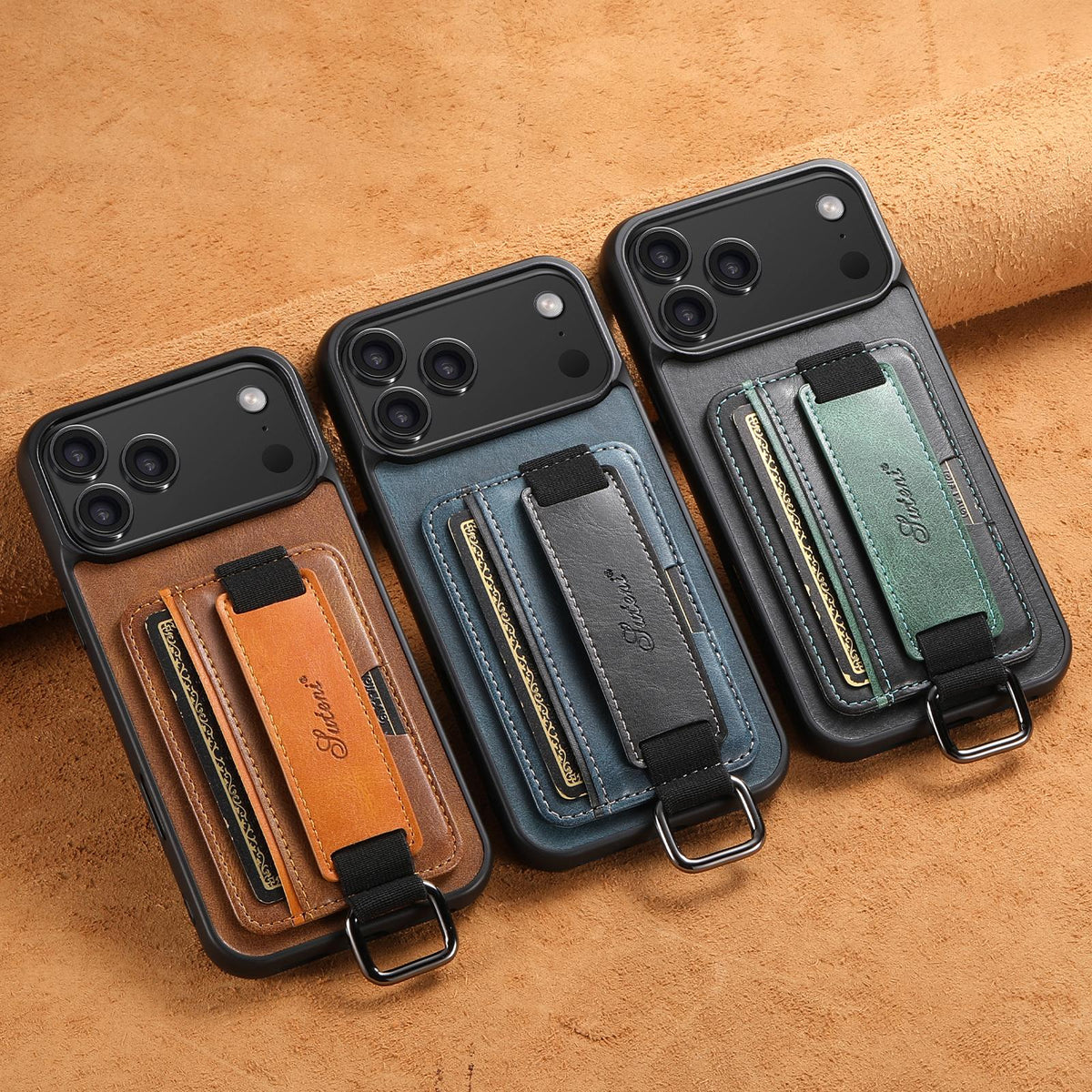 For iPhone 18 Pro Max Suteni H13 Card Wallet Wrist Strap Holder PU Phone Case - Black - SYA002464414A