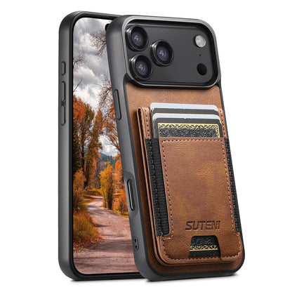 For iPhone 18 Pro Suteni H03 Oil Wax Leather Wallet Stand Back Phone Case - Brown - SYA002467327B