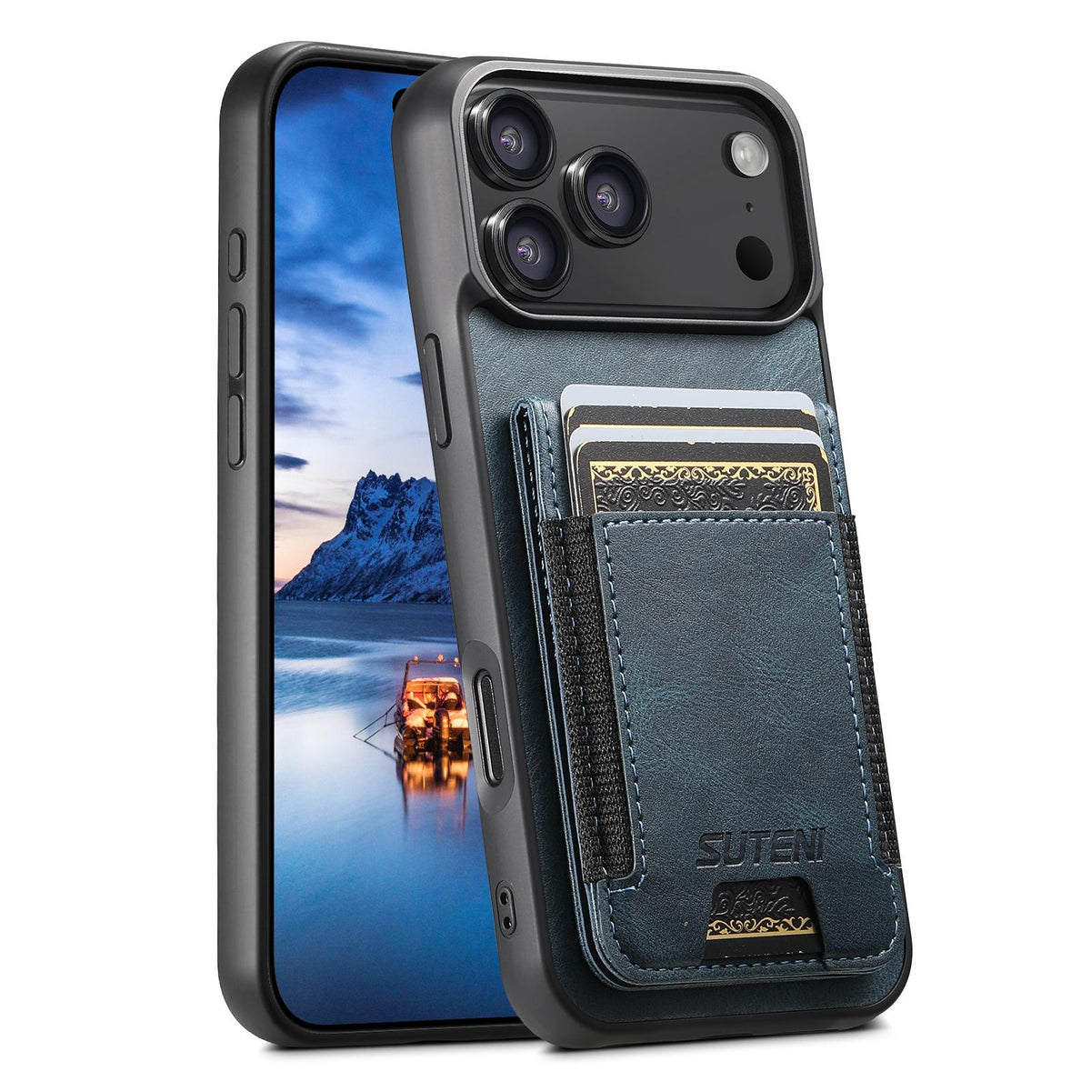 For iPhone 18 Pro Suteni H03 Oil Wax Leather Wallet Stand Back Phone Case - Blue - SYA002467327C