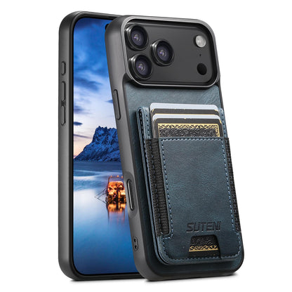 For iPhone 18 Pro Suteni H03 Oil Wax Leather Wallet Stand Back Phone Case - Blue - SYA002467327C