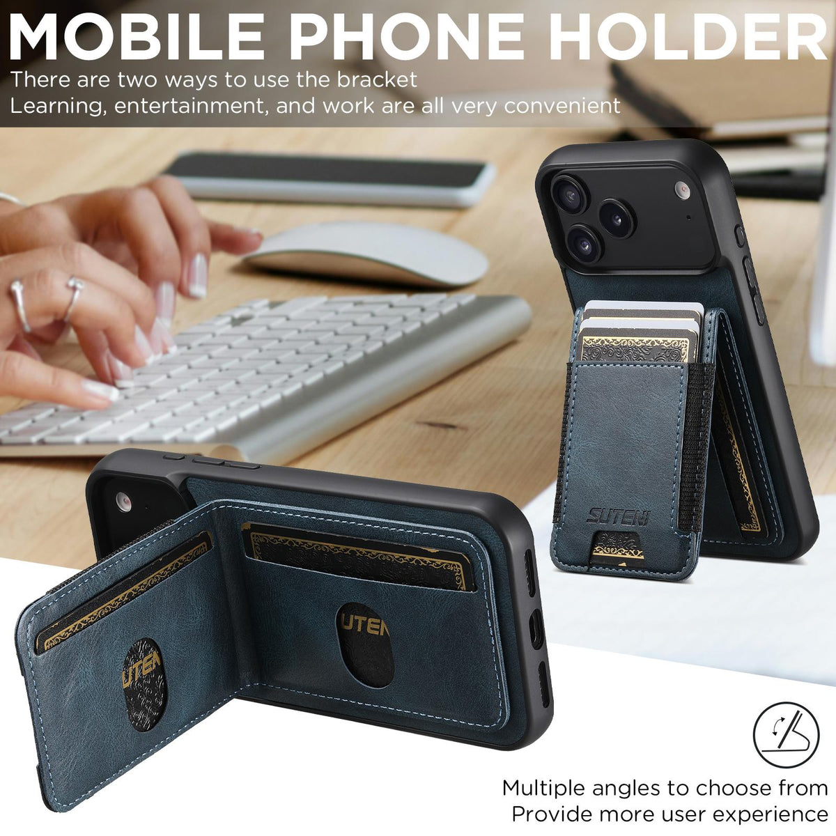 For iPhone 18 Pro Suteni H03 Oil Wax Leather Wallet Stand Back Phone Case - Blue - SYA002467327C