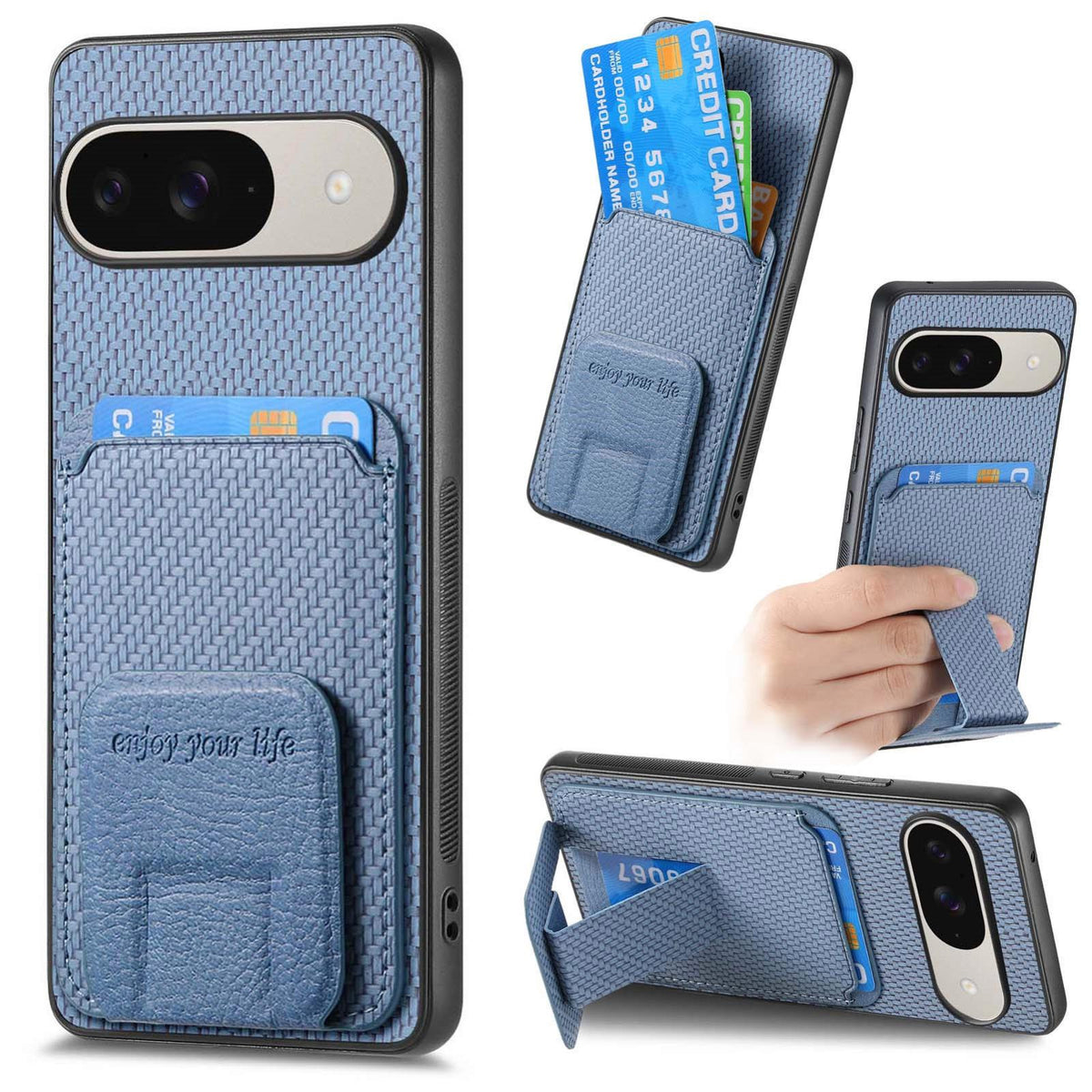 For Google Pixel 11 Pro XL Carbon Fiber Card Bag Fold Stand Phone Case - Blue - SYA002485516A
