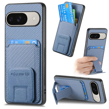 For Google Pixel 11 Pro XL Carbon Fiber Card Bag Fold Stand Phone Case - Blue - SYA002485516A