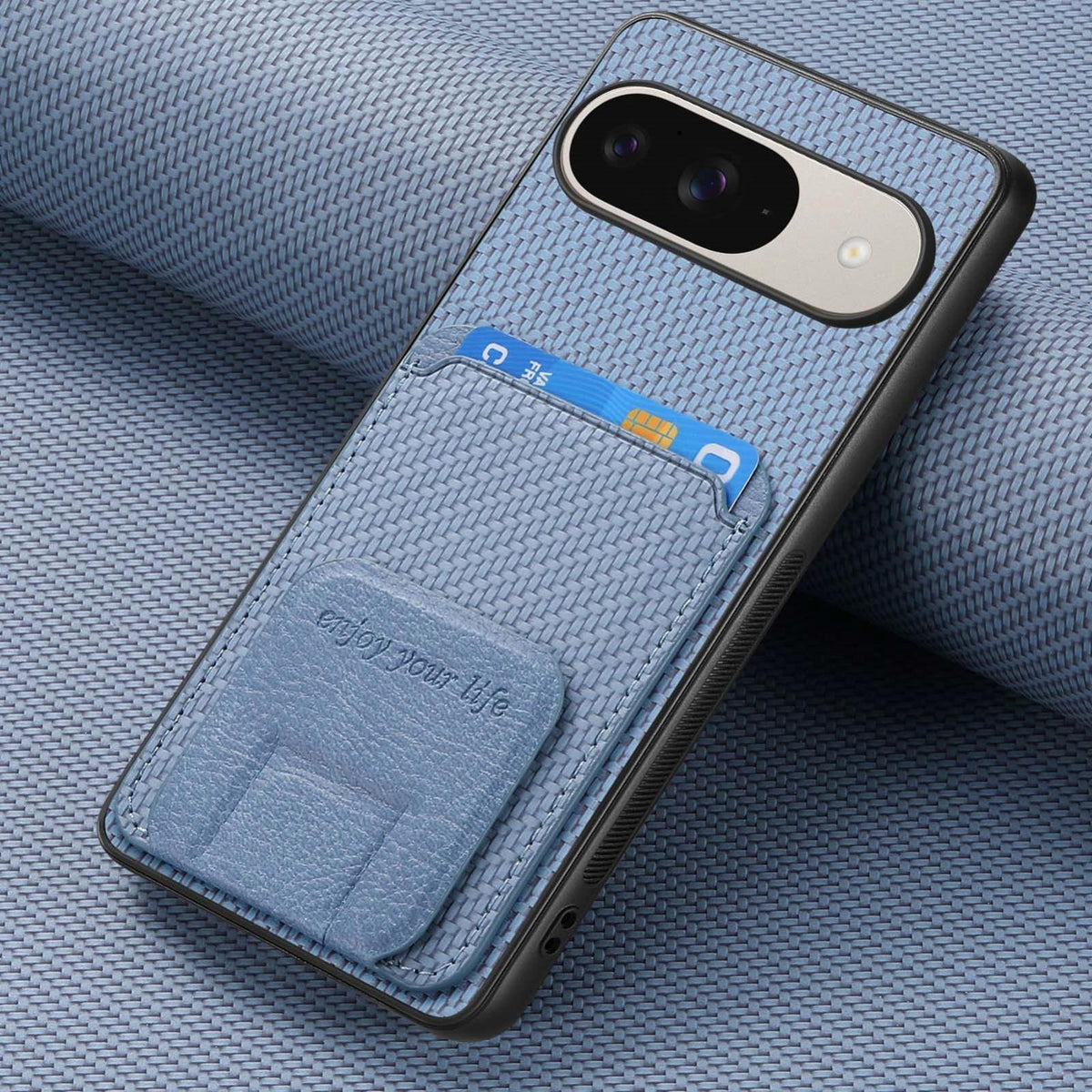 For Google Pixel 11 Pro XL Carbon Fiber Card Bag Fold Stand Phone Case - Blue - SYA002485516A