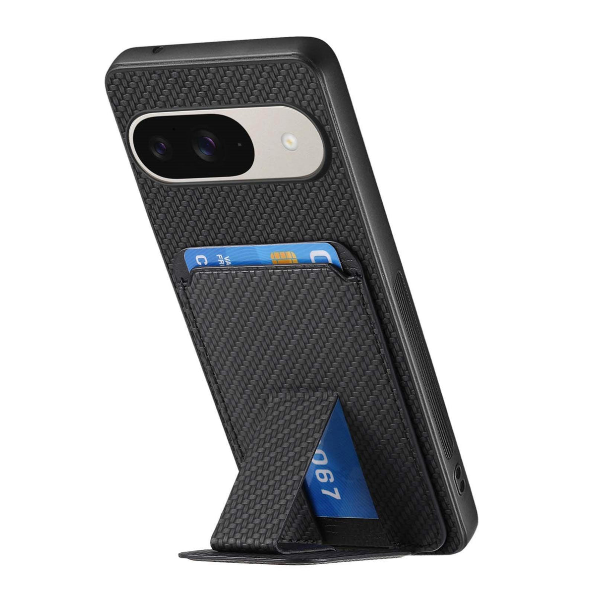 For Google Pixel 11 Pro XL Carbon Fiber Card Bag Fold Stand Phone Case - Black - SYA002485516B